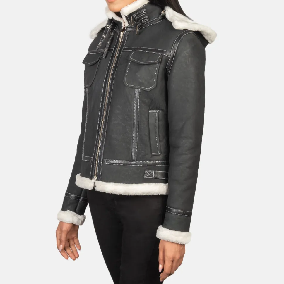 Fiona Black Hooded Shearling Leather Jacket