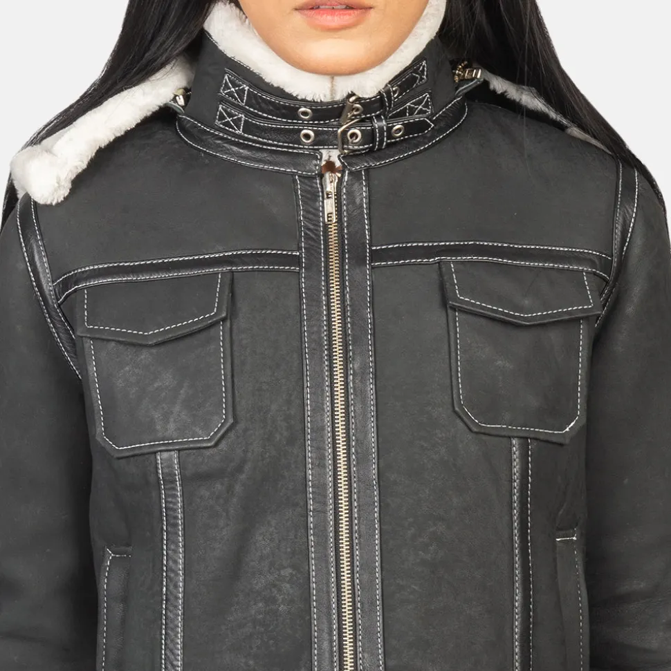Fiona Black Hooded Shearling Leather Jacket