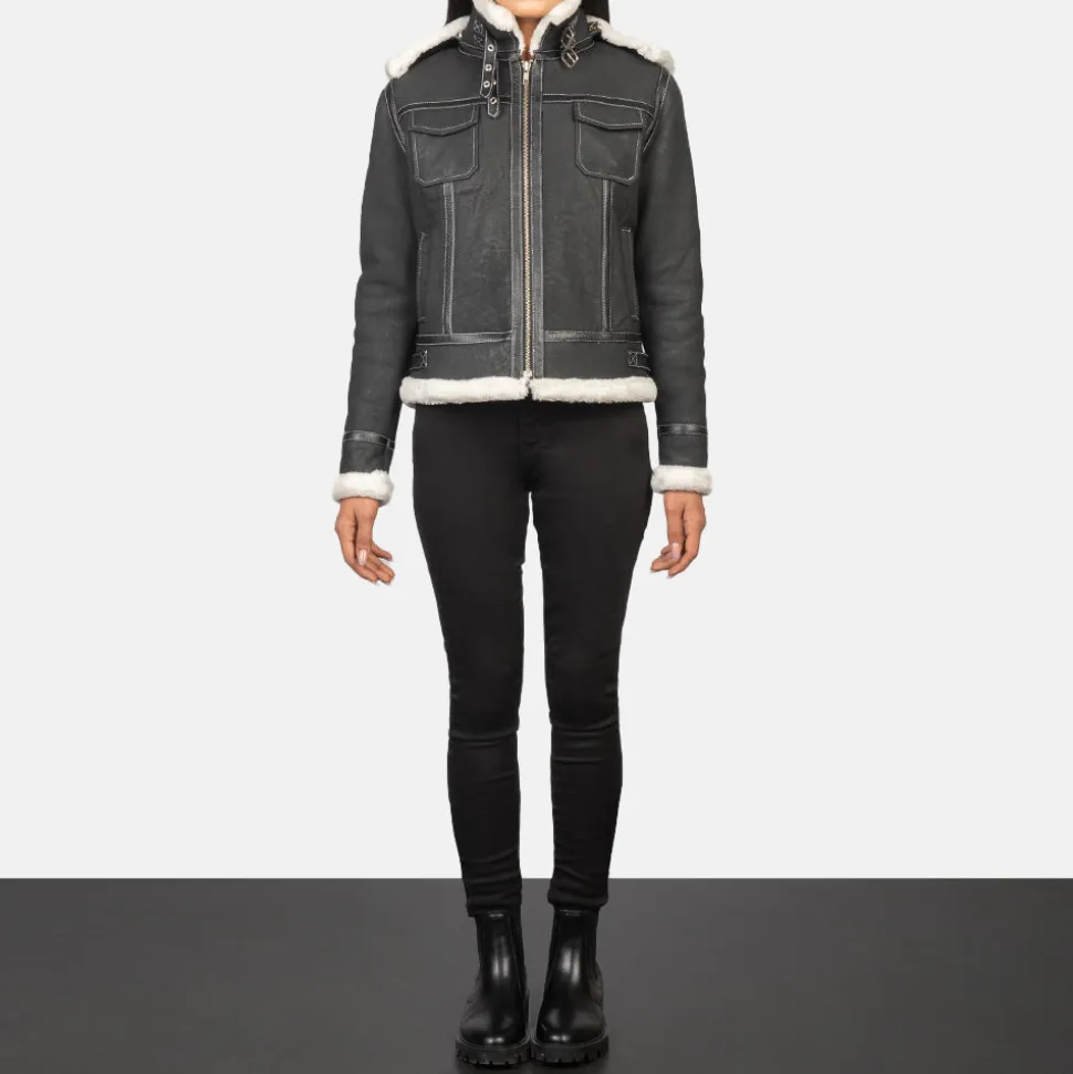 Fiona Black Hooded Shearling Leather Jacket