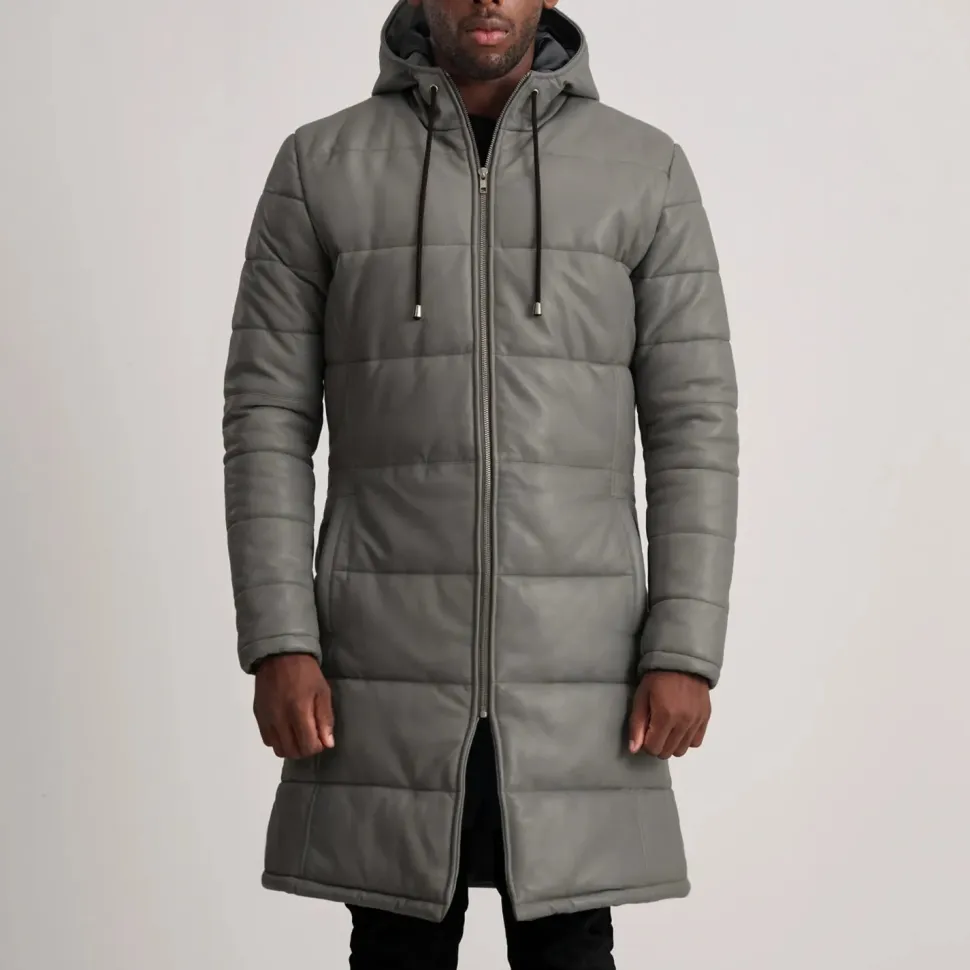Floyd Grey Hooded Leather Puffer Coat
