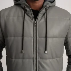 Floyd Grey Hooded Leather Puffer Coat