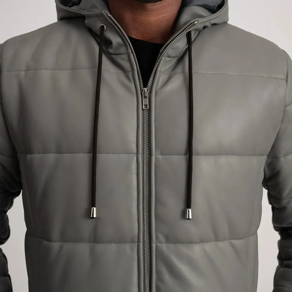 Floyd Grey Hooded Leather Puffer Coat