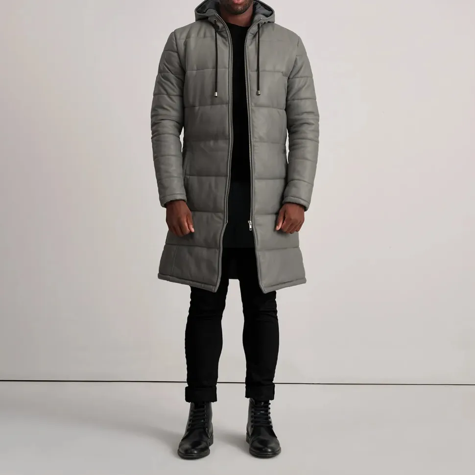 Floyd Grey Hooded Leather Puffer Coat