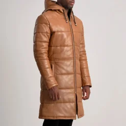 Floyd Tan Hooded Leather Puffer Coat