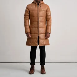 Floyd Tan Hooded Leather Puffer Coat