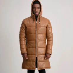 Floyd Tan Hooded Leather Puffer Coat