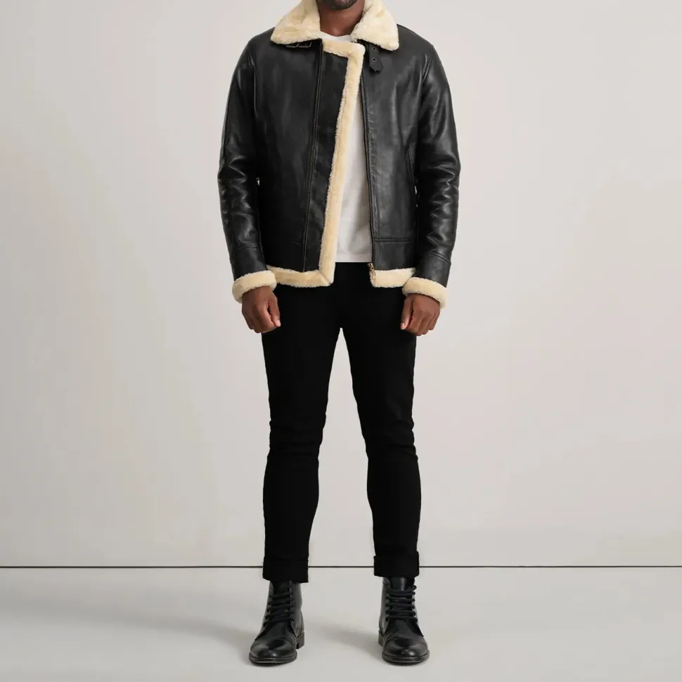 Francis B-3 Black & Cream Leather Bomber Jacket