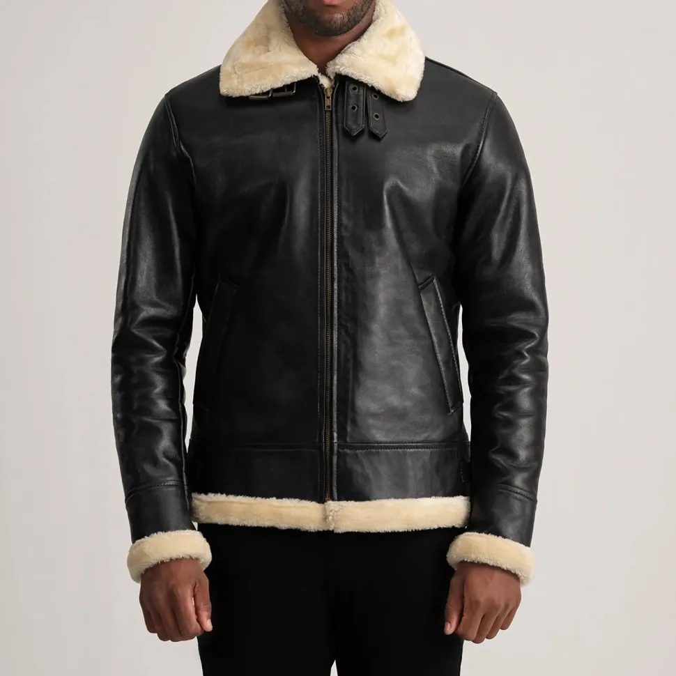 Francis B-3 Black & Cream Leather Bomber Jacket