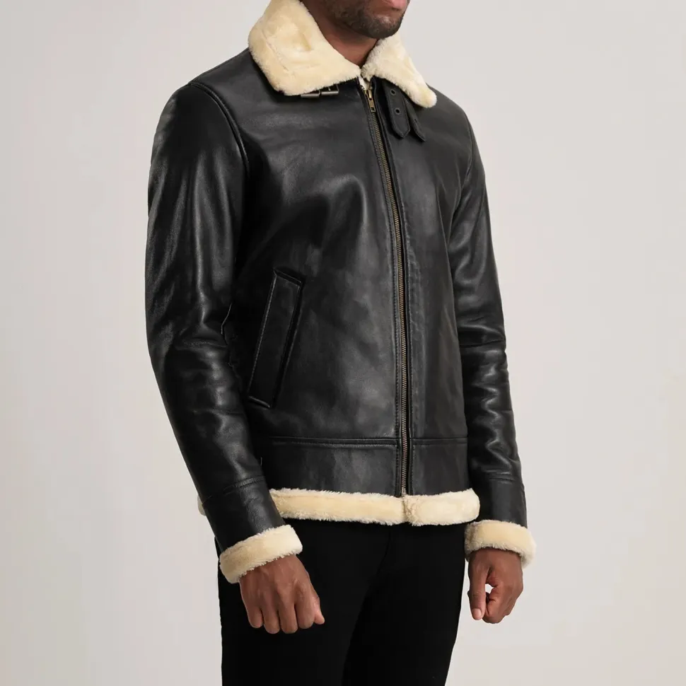 Francis B-3 Black & Cream Leather Bomber Jacket