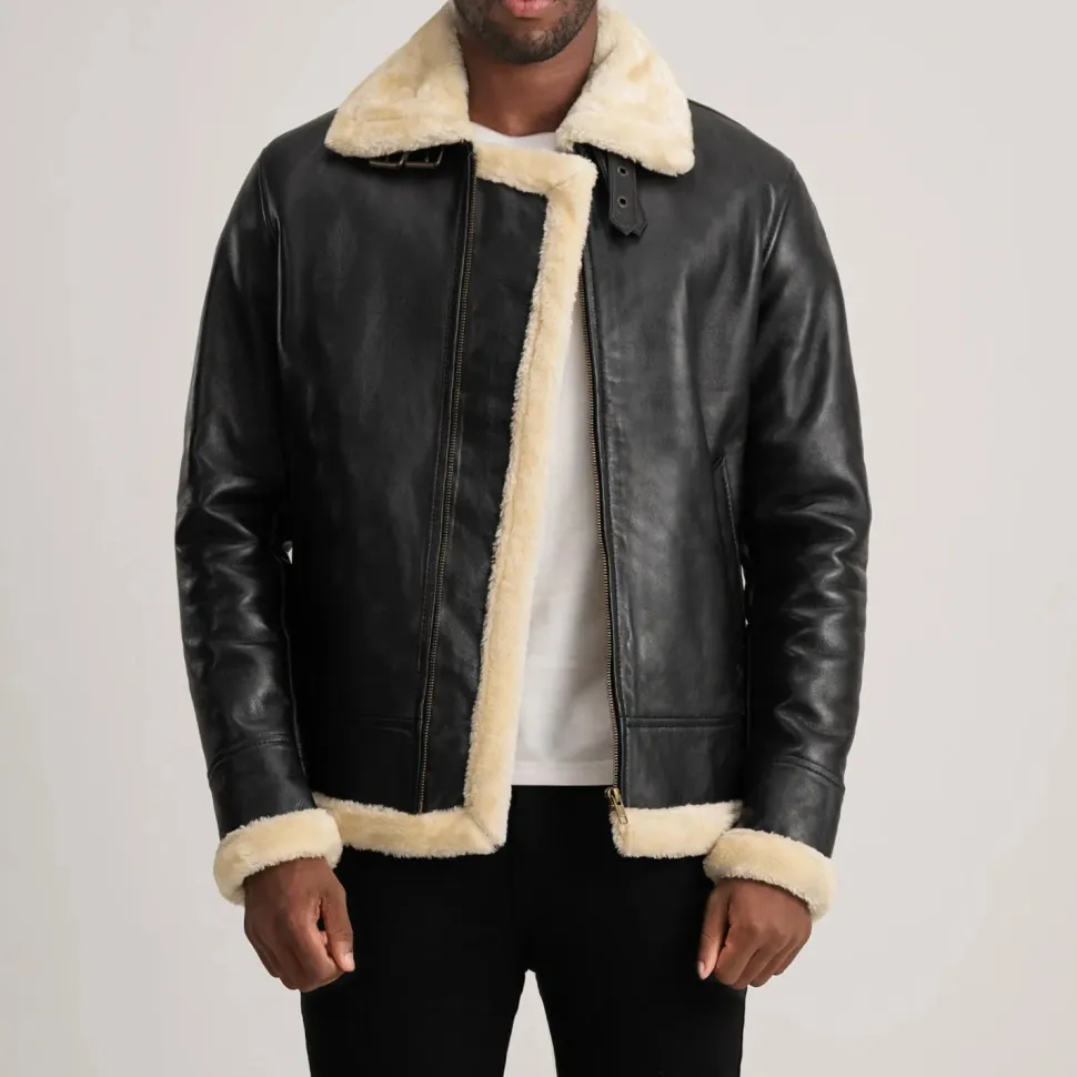Francis B-3 Black & Cream Leather Bomber Jacket