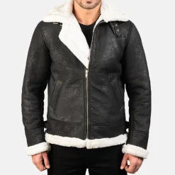 Francis B-3 Distressed Black Leather Bomber Jacket
