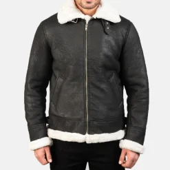Francis B-3 Distressed Black Leather Bomber Jacket