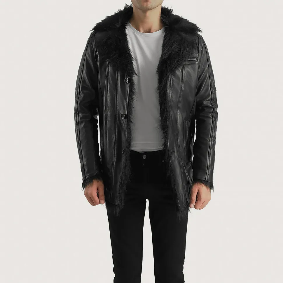 Furcliff Black Leather Coat