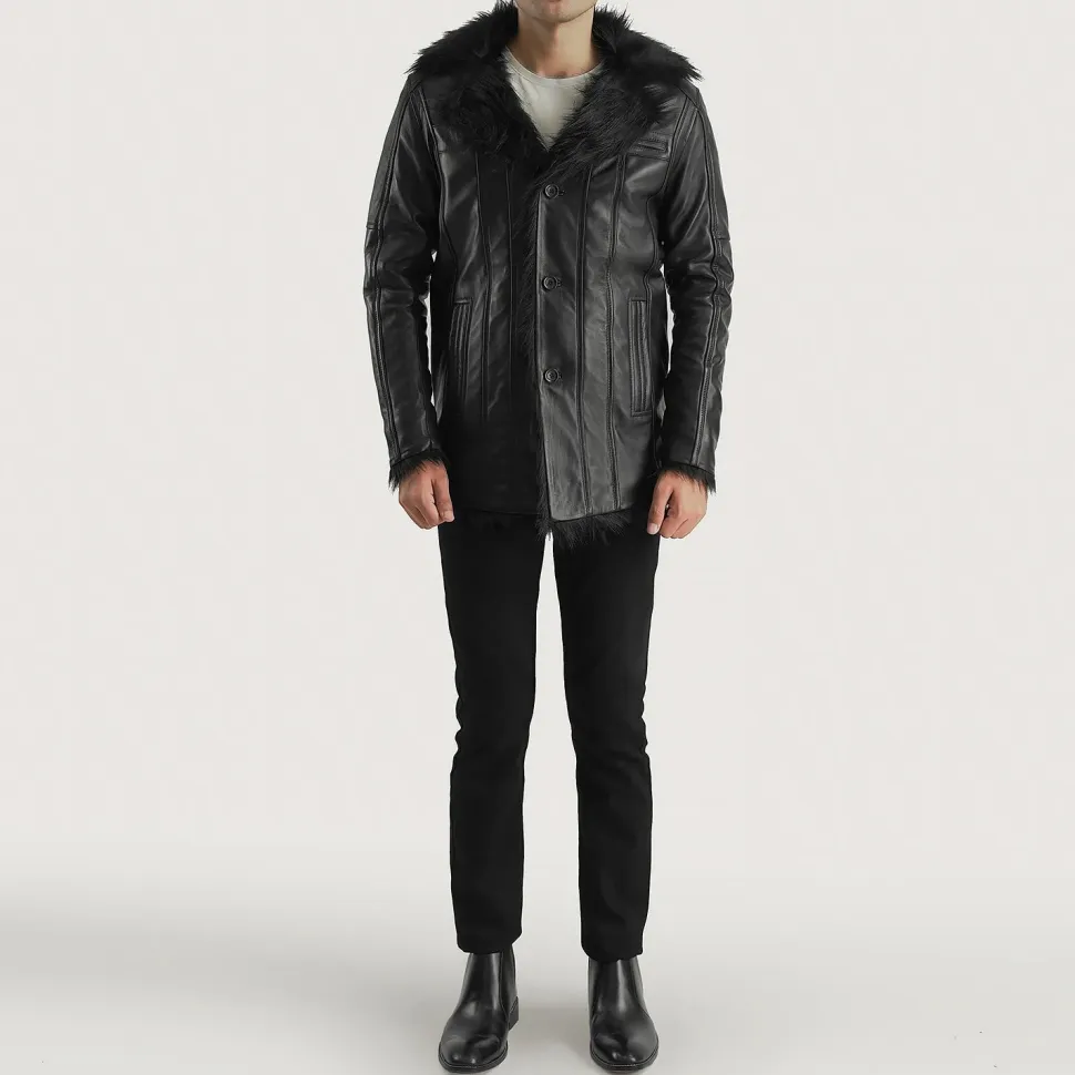Furcliff Black Leather Coat