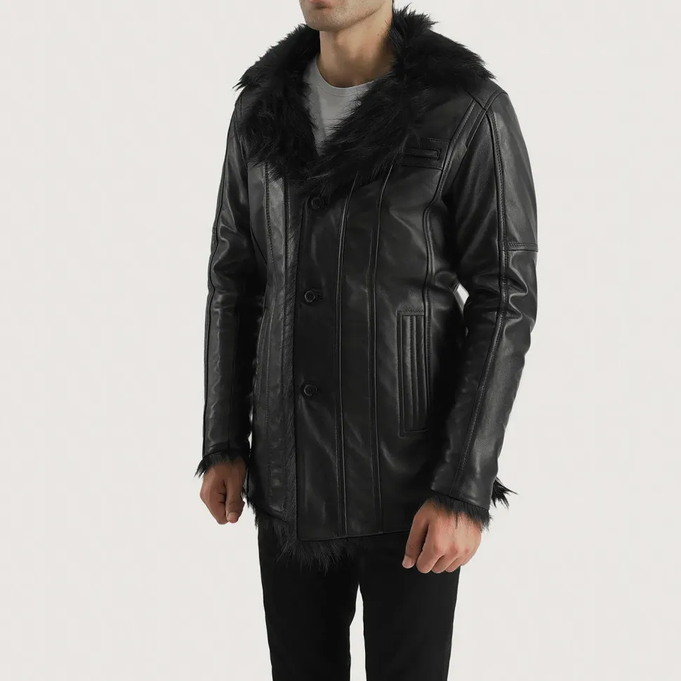 Furcliff Black Leather Coat