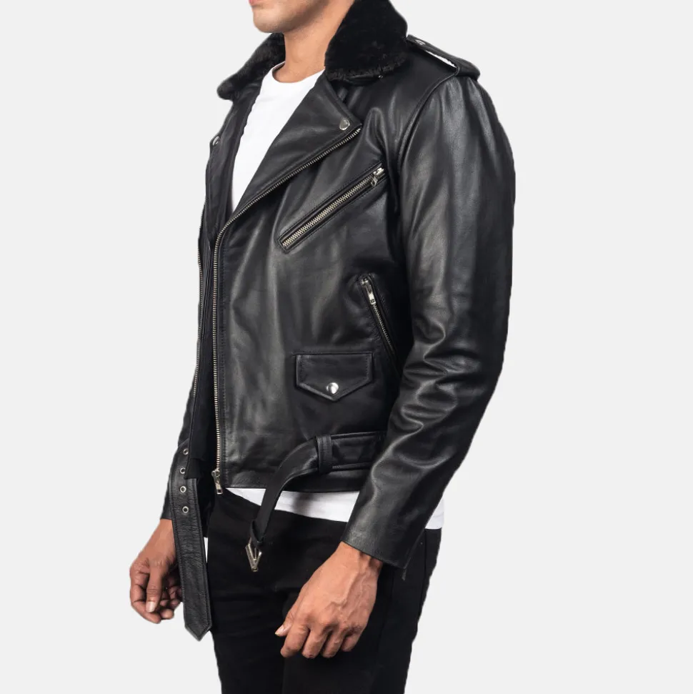 Furton Black Leather Biker Jacket