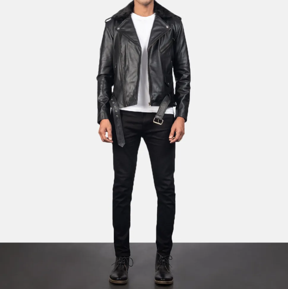 Furton Black Leather Biker Jacket