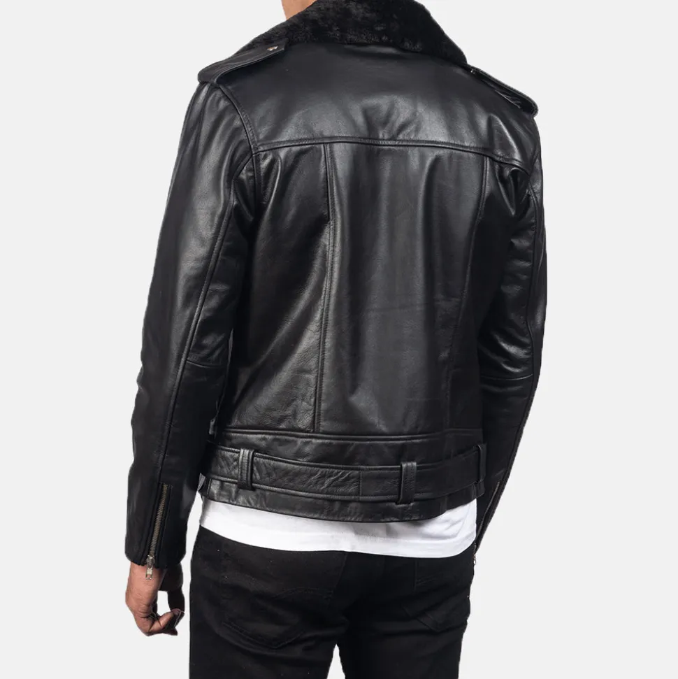 Furton Black Leather Biker Jacket