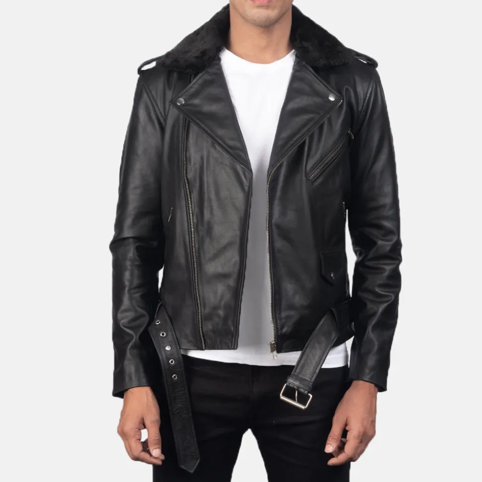 Furton Black Leather Biker Jacket