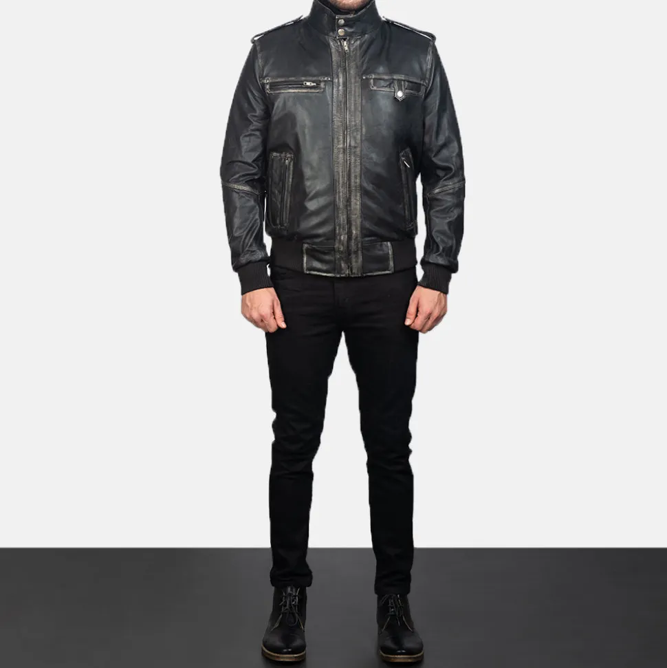 Glen Street Black Leather Bomber Jacket