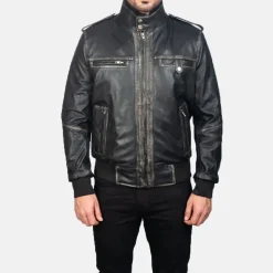 Glen Street Black Leather Bomber Jacket