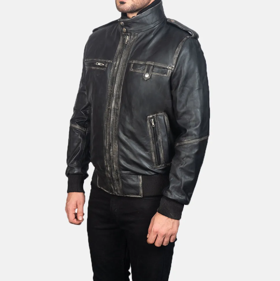 Glen Street Black Leather Bomber Jacket