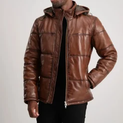Gordon Waxed Brown Hooded Leather Puffer Jacket