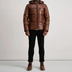 Gordon Waxed Brown Hooded Leather Puffer Jacket