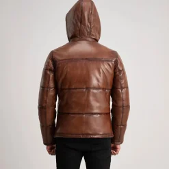 Gordon Waxed Brown Hooded Leather Puffer Jacket