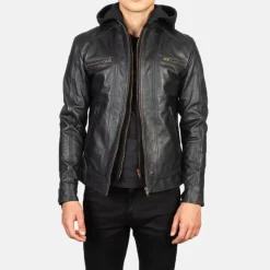 Hector Black Hooded Leather Biker Jacket