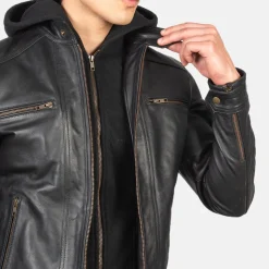Hector Black Hooded Leather Biker Jacket