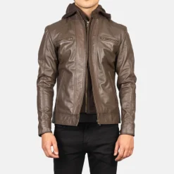 Hector Brown Hooded Leather Biker Jacket