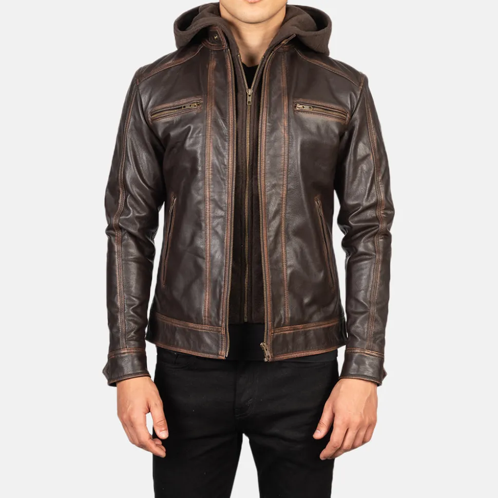 Hector Vintage Brown Hooded Leather Biker Jacket