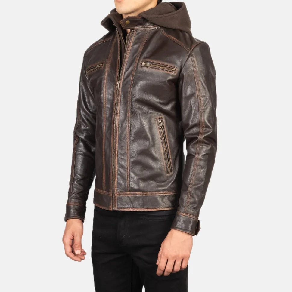 Hector Vintage Brown Hooded Leather Biker Jacket