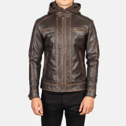 Hector Vintage Brown Hooded Leather Biker Jacket