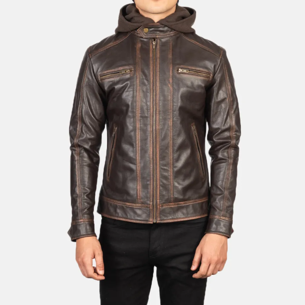 Hector Vintage Brown Hooded Leather Biker Jacket