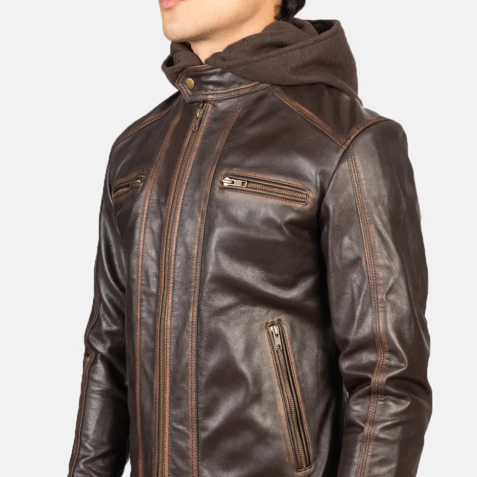 Hector Vintage Brown Hooded Leather Biker Jacket