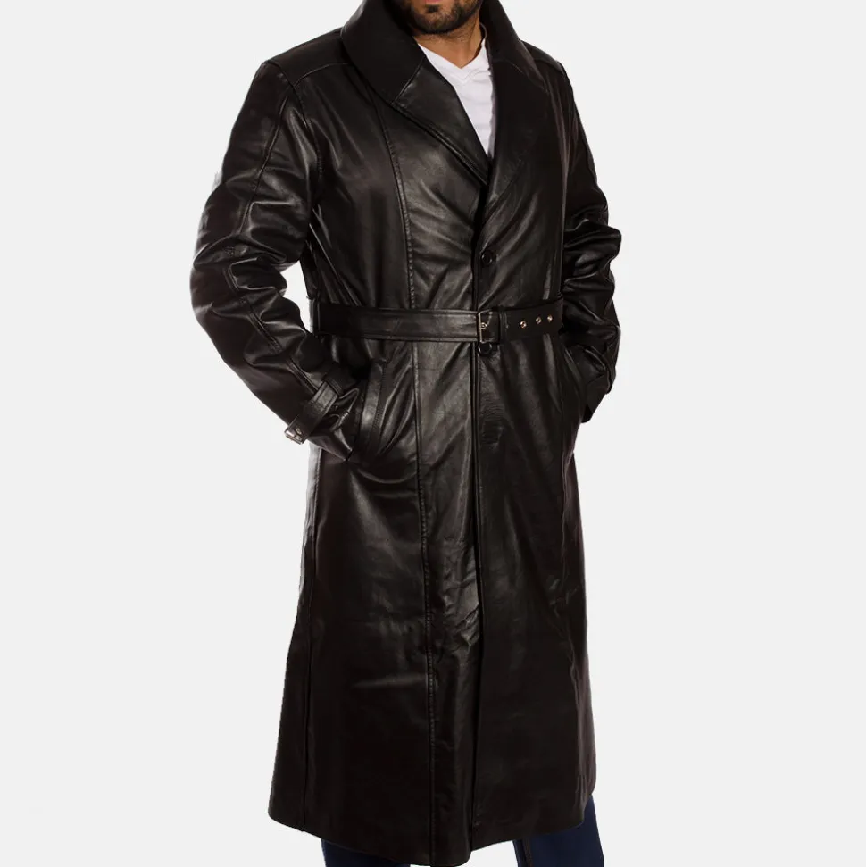 Hooligan Black Leather Trench Coat