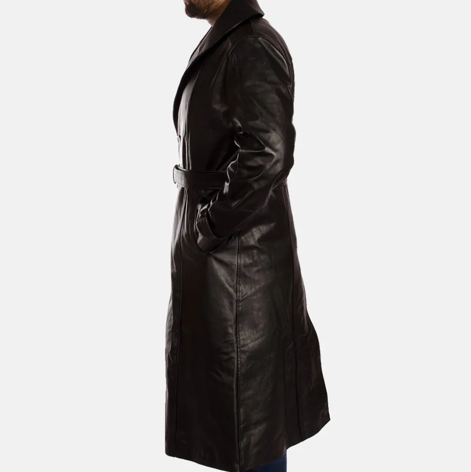Hooligan Black Leather Trench Coat