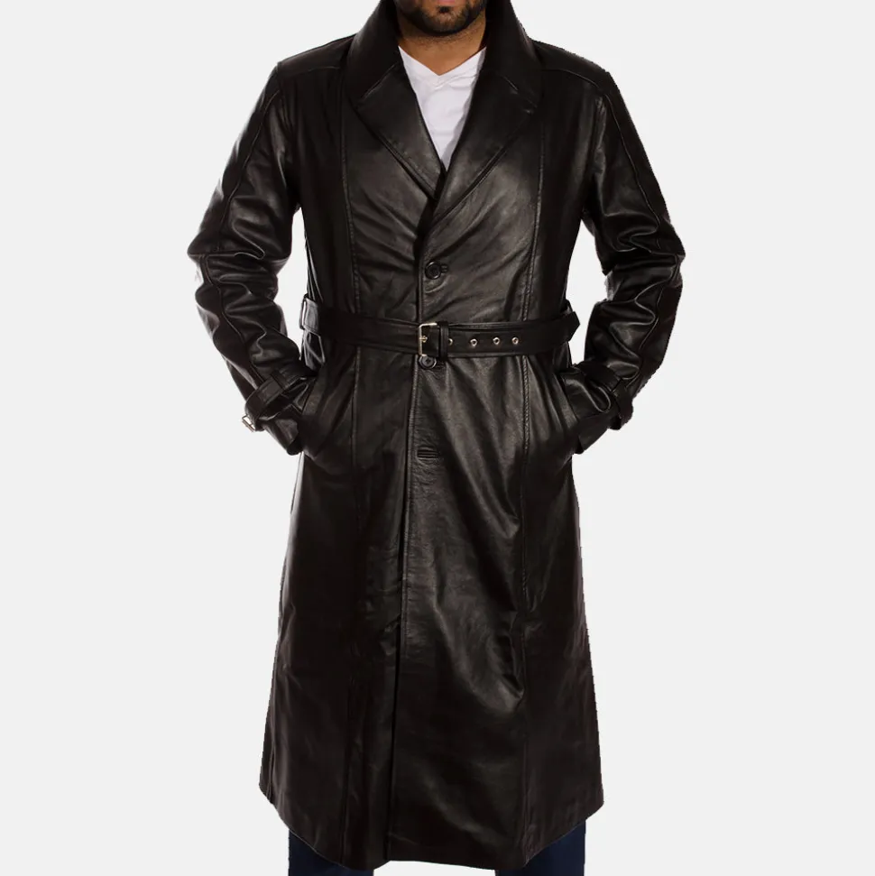 Hooligan Black Leather Trench Coat