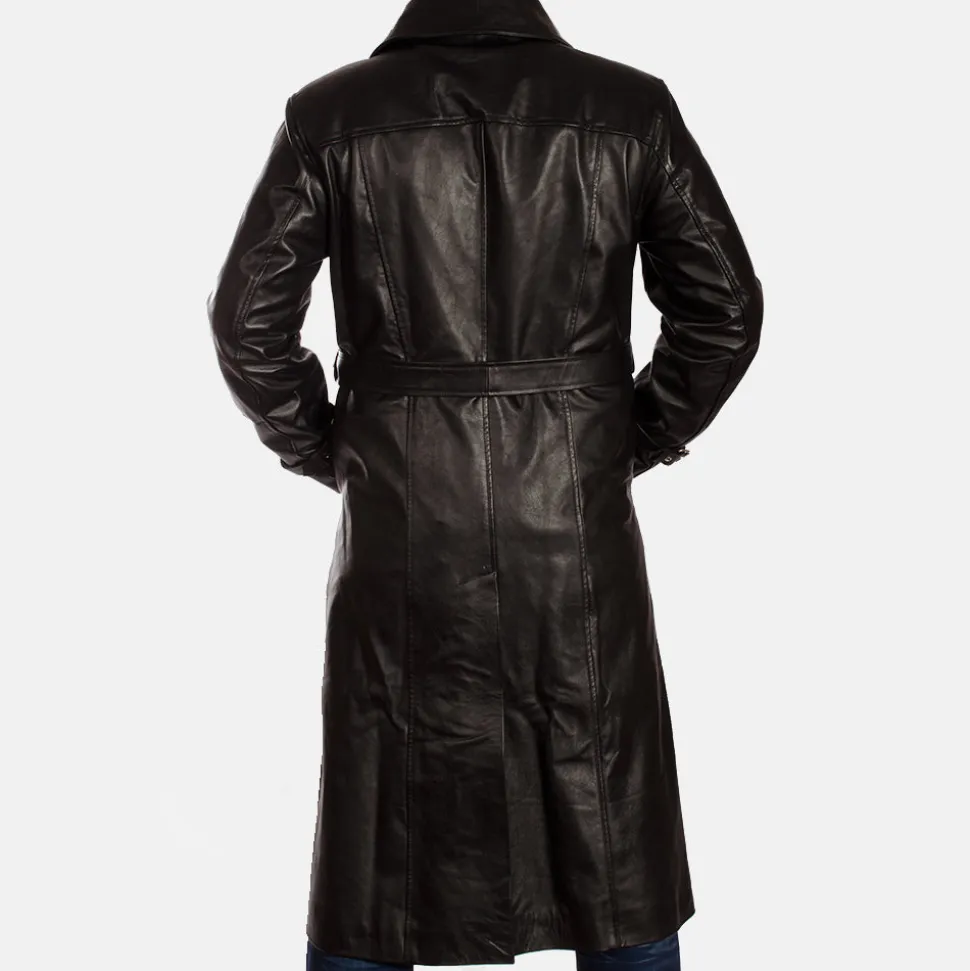 Hooligan Black Leather Trench Coat