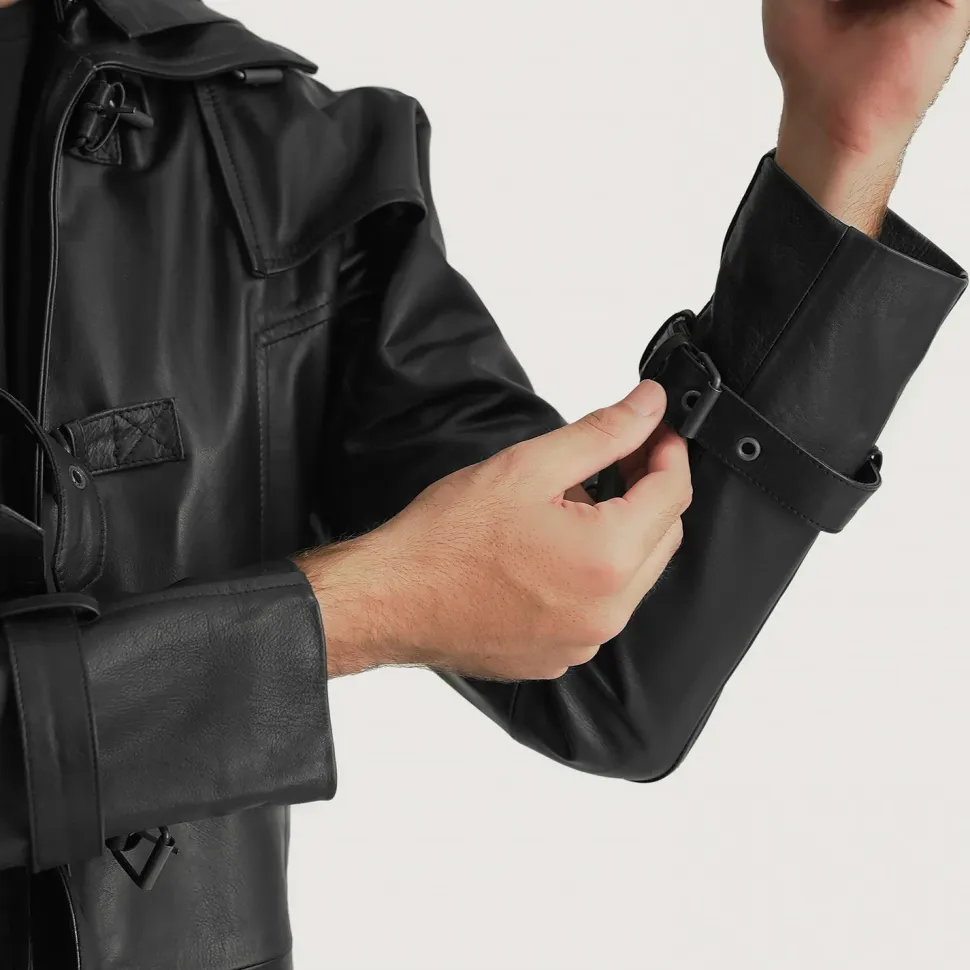 Huntsman Black Hooded Leather Trench Coat