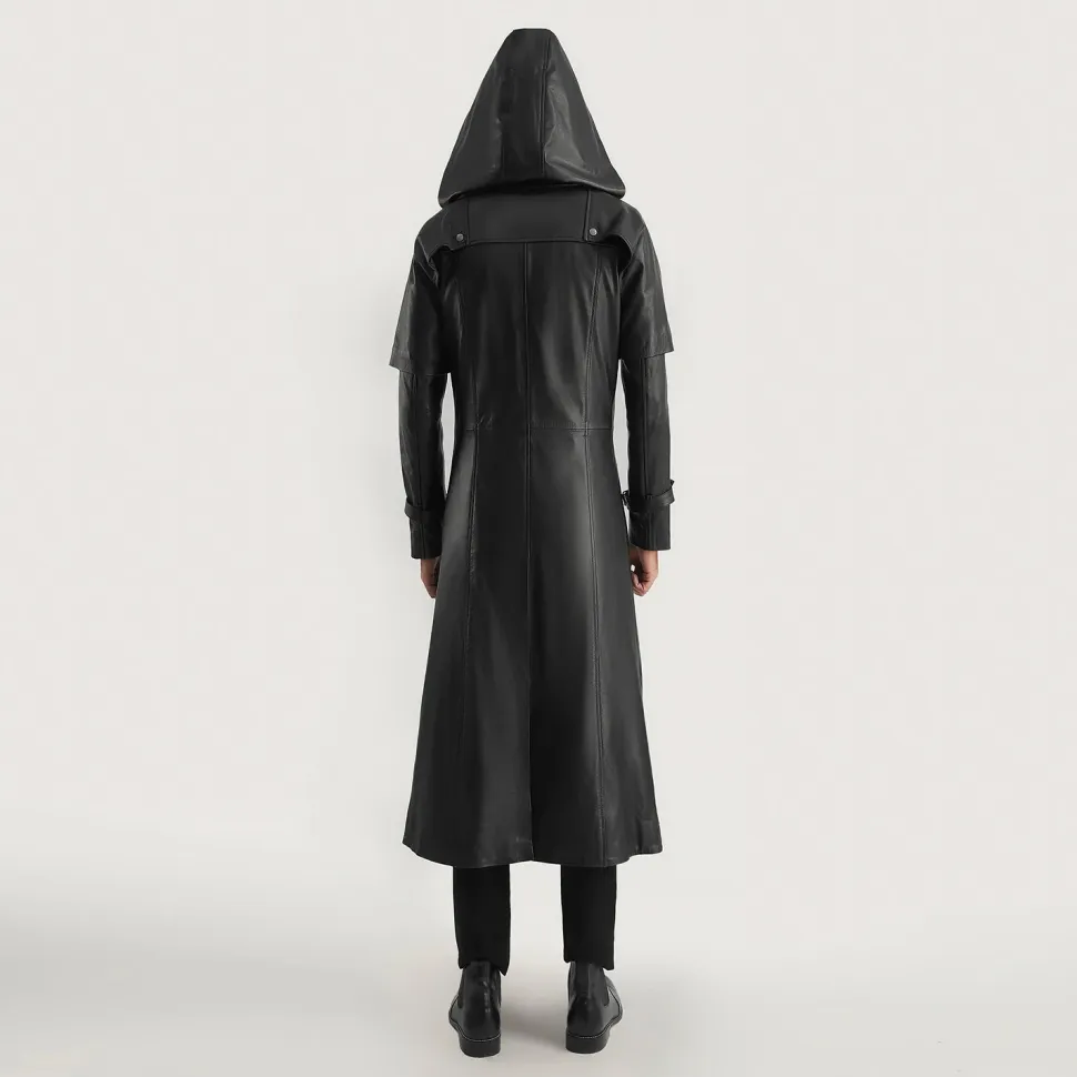 Huntsman Black Hooded Leather Trench Coat