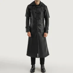 Huntsman Black Hooded Leather Trench Coat