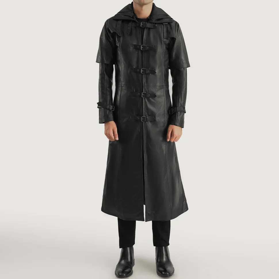 Huntsman Black Hooded Leather Trench Coat
