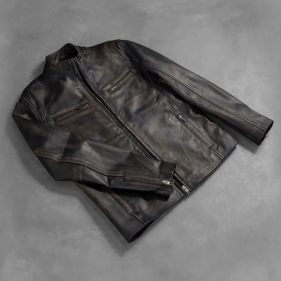 Ionic Distressed Brown Leather Biker Jacket