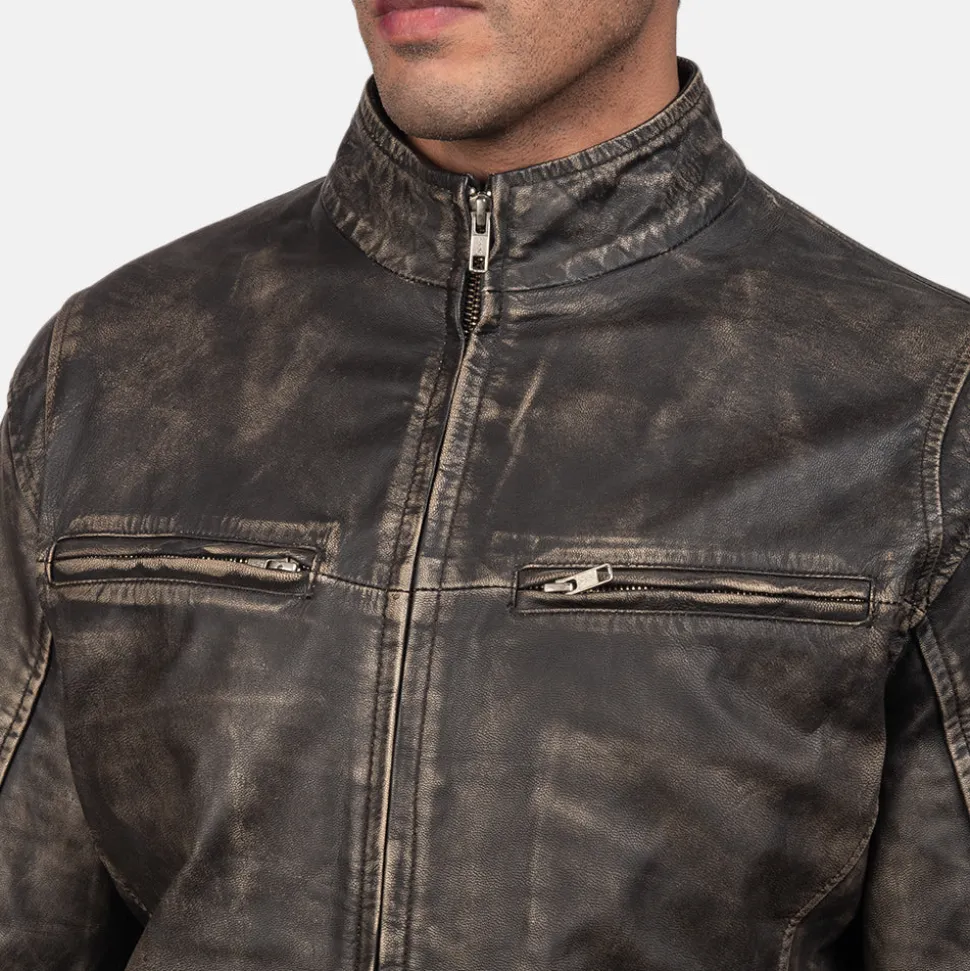 Ionic Distressed Brown Leather Biker Jacket