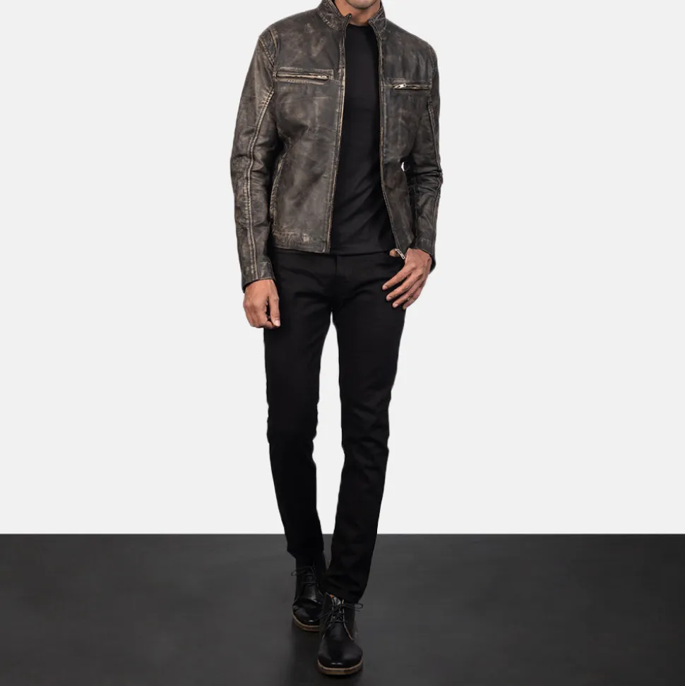Ionic Distressed Brown Leather Biker Jacket