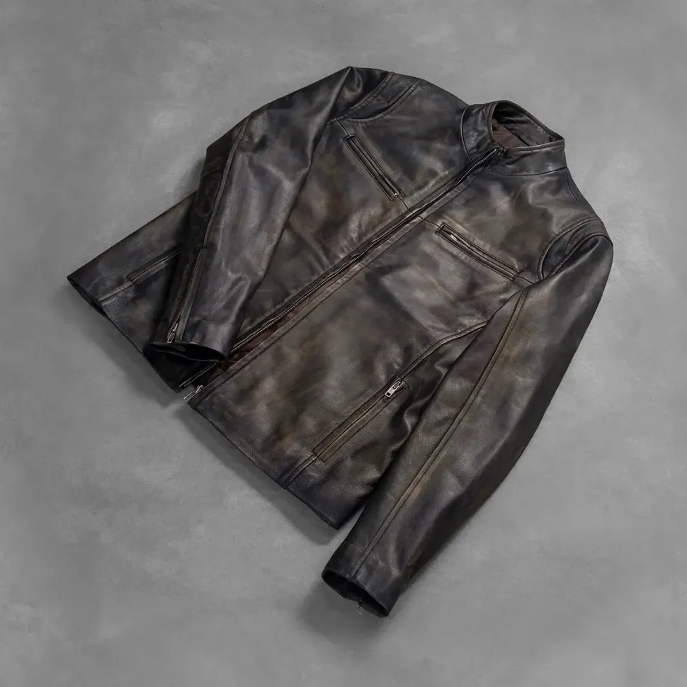 Ionic Distressed Brown Leather Biker Jacket