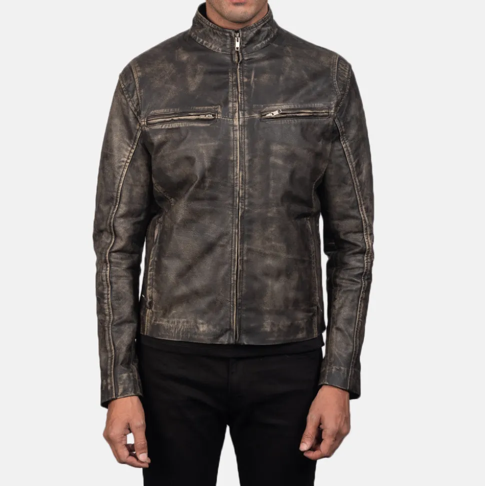 Ionic Distressed Brown Leather Biker Jacket